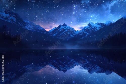 Mountain Range Reflection Under a Starry Night Sky