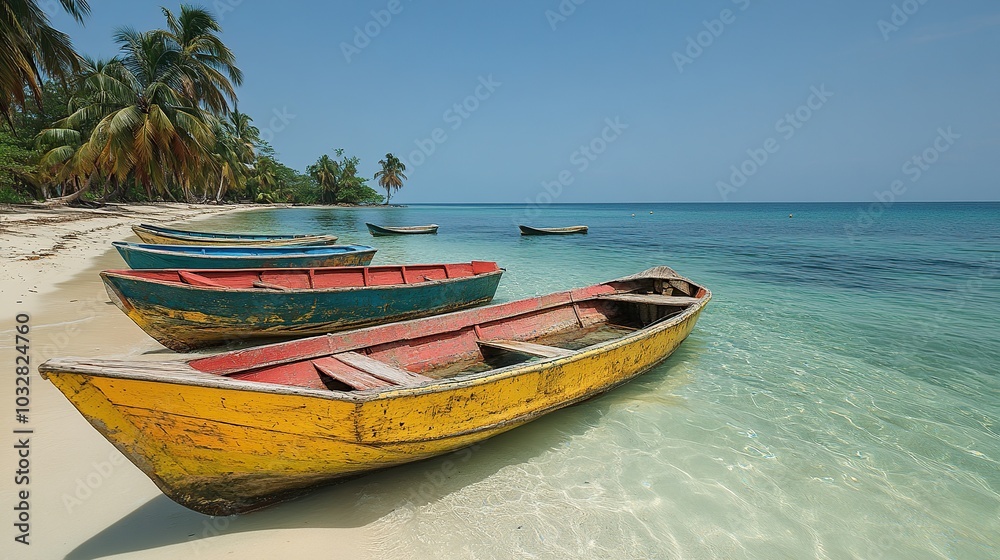 Colorful boats on a tranquil beach. Colorful boats on a tranquil beach.