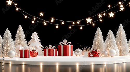 The tranquil winter landscape features gently falling snowflakes, adorned Christmas trees, and beautifully wrapped red gift boxes tied with gold ribbon, all under a starry sky