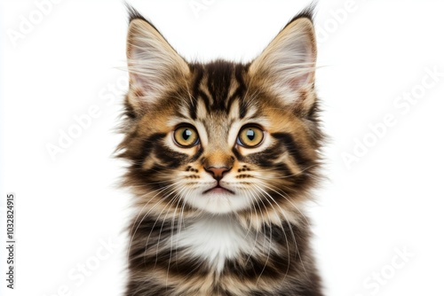 A cute Maine Coon kitten with wide eyes, looking surprised against a white background.