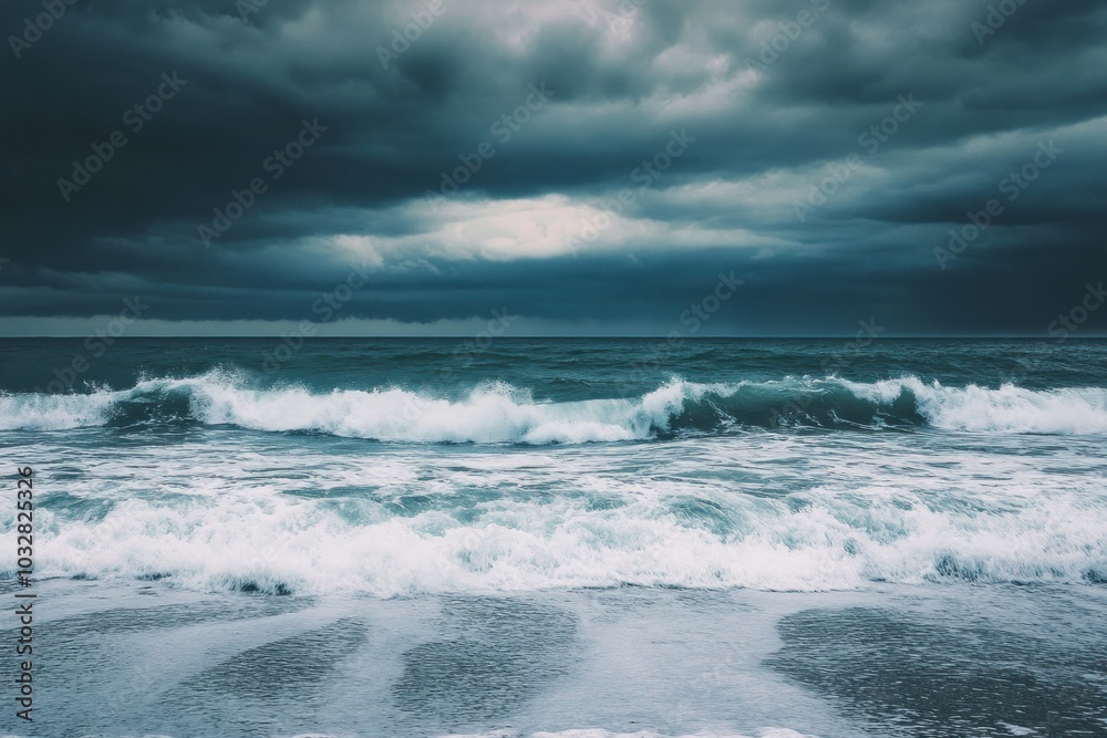 Stormy Ocean Waves Crashing on Shore Under Dark Clouds Stormy Ocean Waves Crashing on Shore Under Dark Clouds