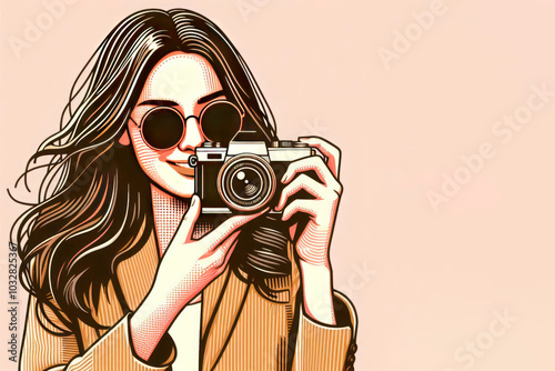 A girl with a camera in her hands in a vintage style. Space for text.