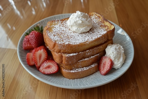 Golden French toast stack, dusted with powdered sugar, topped with whipped cream and served with fresh strawberries. A delightful breakfast treat! photo