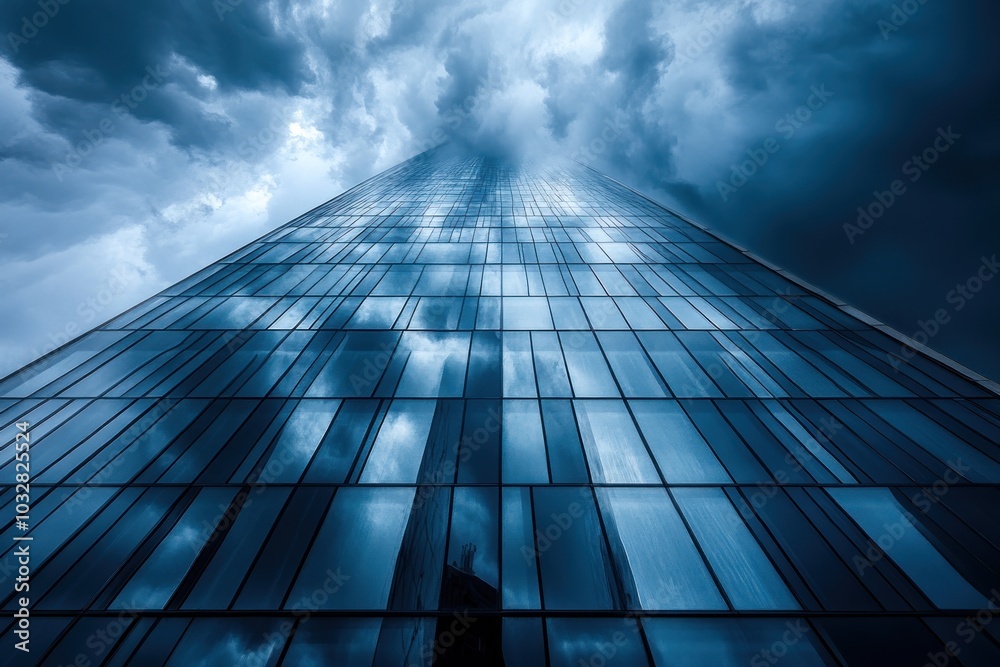 A Tall Glass Building Reflecting a Stormy Sky A Tall Glass Building Reflecting a Stormy Sky