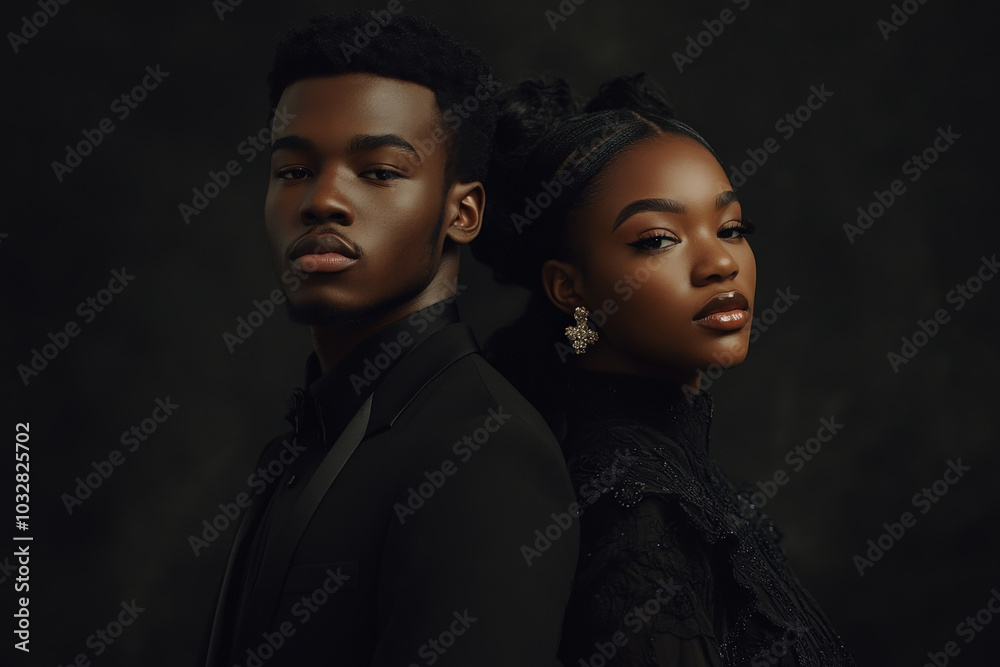 A young Black couple stands side by side, both dressed in stylish black outfits that exude sophistication. Their serious expressions against a dark backdrop create a powerful contrast, highlighting