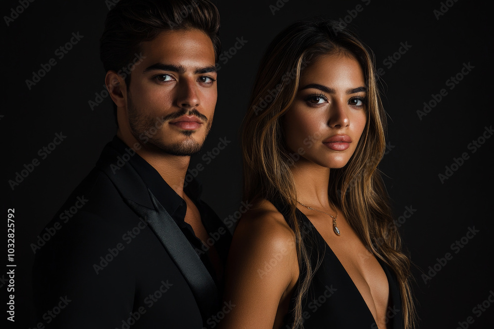 A young Brazilian couple stands side by side, dressed in fashionable black attire. Their serious expressions, highlighted by the dark backdrop, create a striking contrast that showcases their elegance A young Brazilian couple stands side by side, dressed in fashionable black attire. Their serious expressions, highlighted by the dark backdrop, create a striking contrast that showcases their elegance
