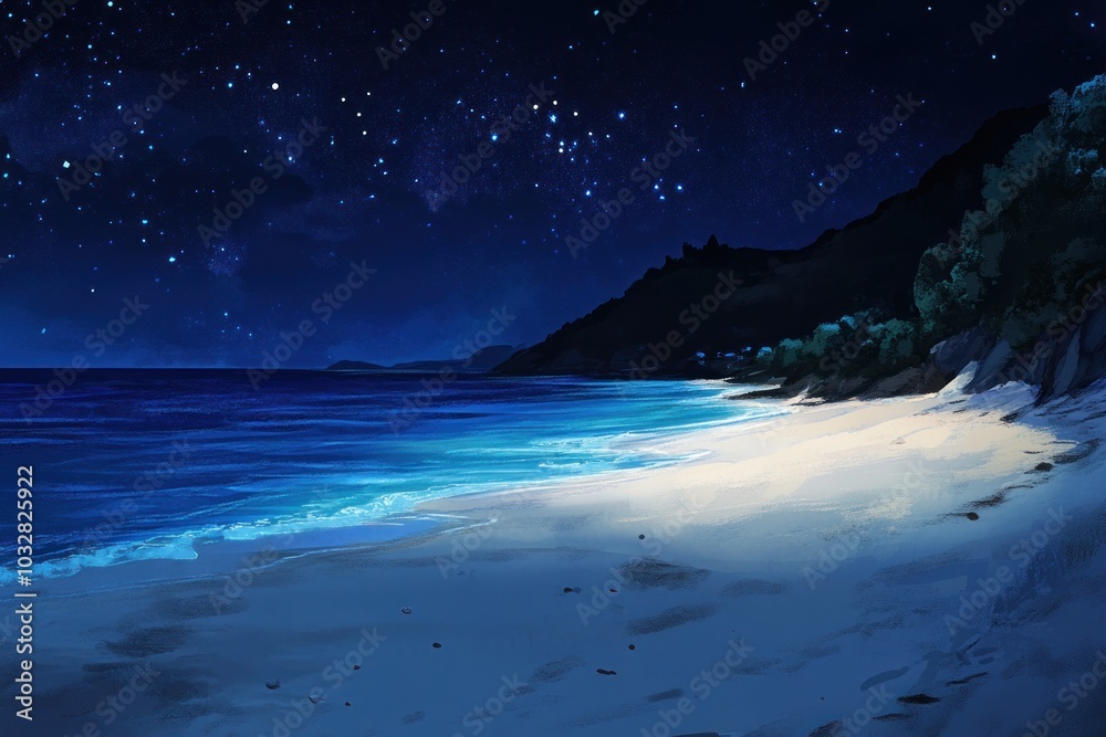 Naklejka premium Starry Night over a Tranquil Beach with Silhouetted Mountains