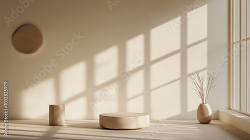 Minimalist studio background for product display with bright window light and soft shadows.