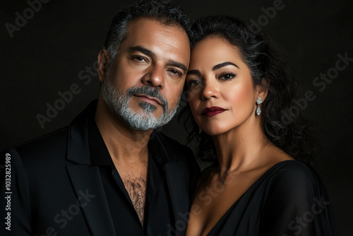 A middle-aged Brazilian man and woman pose closely in chic black outfits. Their serious expressions, set against a dark background, enhance their sophistication and connection, creating a captivating