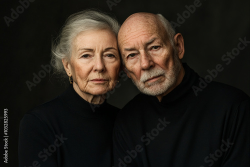 An elderly Caucasian couple poses intimately in matching black clothing. Their serious expressions are accentuated by the dark backdrop, creating a dramatic effect that showcases their timeless