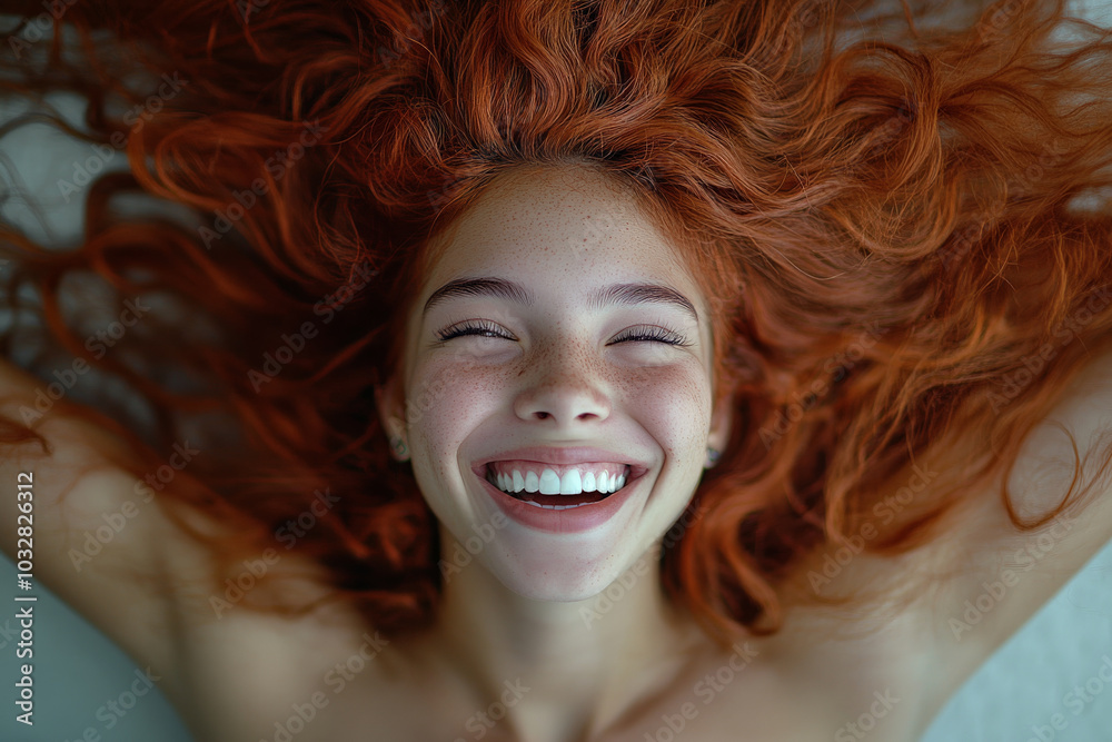 A young Hispanic woman with dazzling red hair spreads laughter as her hair flows out in every direction. Her joyous expression fills the air with lightness and warmth. A young Hispanic woman with dazzling red hair spreads laughter as her hair flows out in every direction. Her joyous expression fills the air with lightness and warmth.