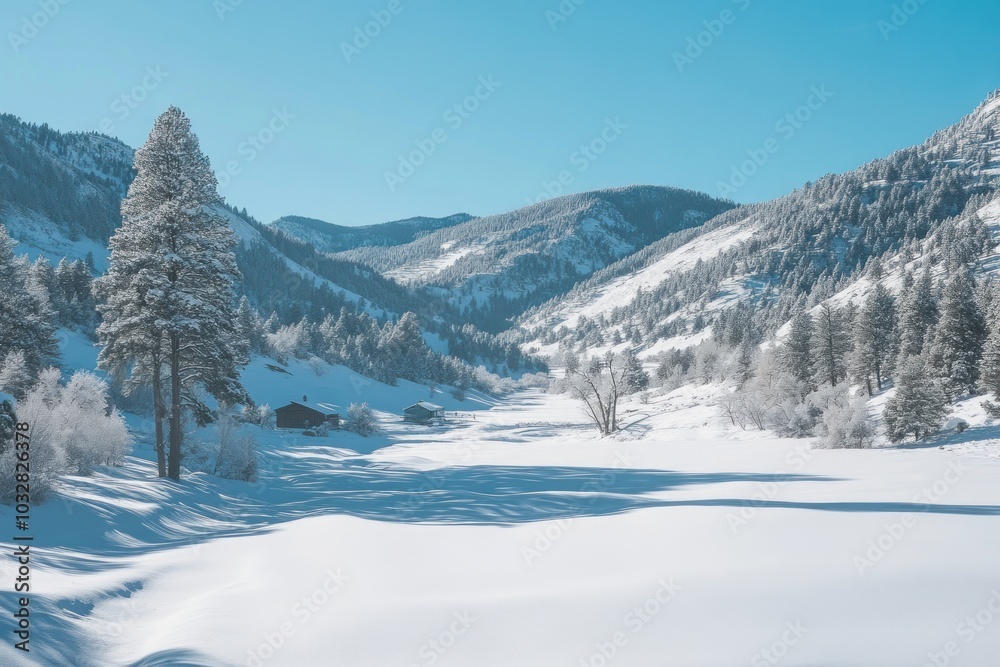 custom made wallpaper toronto digitalSnowy Mountain Valley with Two Cabins and a Large Pine Tree