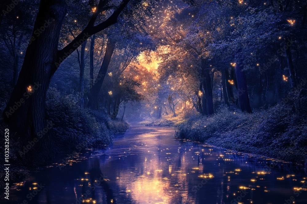 Enchanting River Flowing Through a Magical Forest at Night Enchanting River Flowing Through a Magical Forest at Night