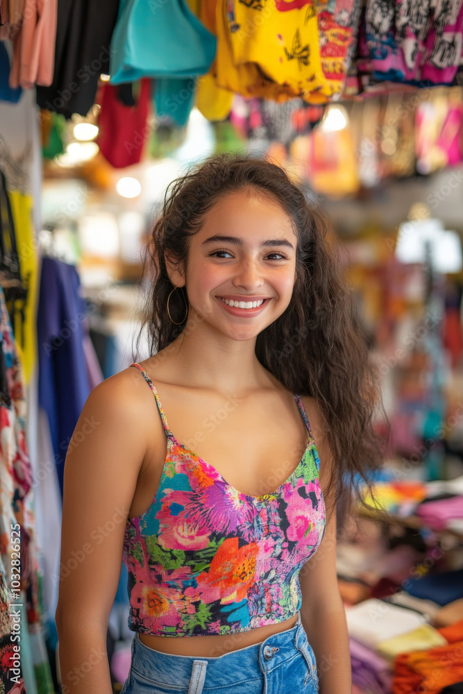 A young Hispanic woman radiates happiness as she poses in a colorful clothing store filled with neatly organized garments. Her joyful expression reflects her passion for sewing and design, showcasing A young Hispanic woman radiates happiness as she poses in a colorful clothing store filled with neatly organized garments. Her joyful expression reflects her passion for sewing and design, showcasing