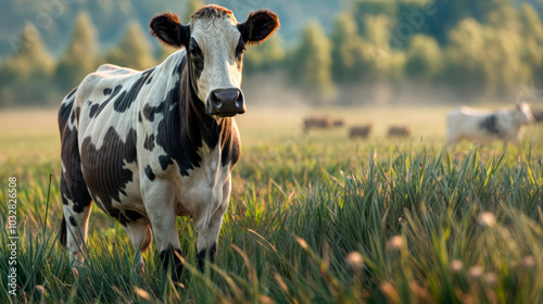 Realistic AI-Generated Image of Girolando Dairy Cow with Blurred Pasture Background photo