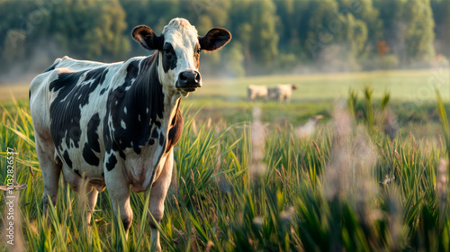 Realistic AI-Generated Image of Girolando Dairy Cow with Blurred Pasture Background photo