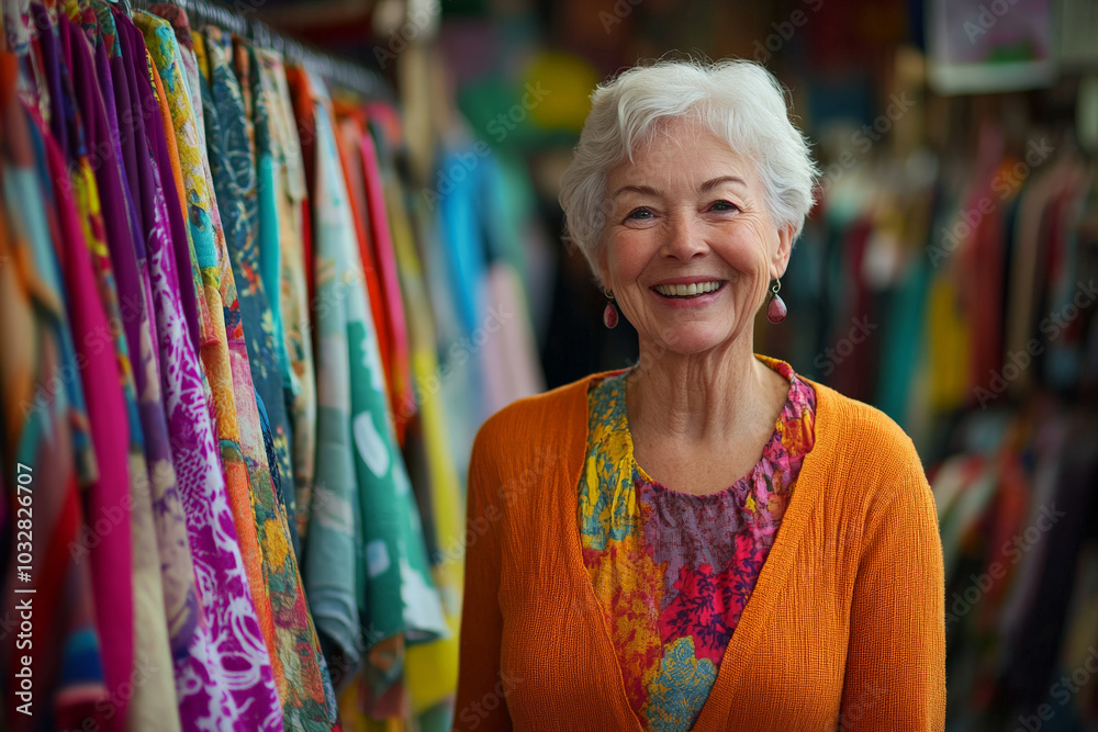 A senior Caucasian woman radiates joy as she stands in a colorful clothing store, surrounded by neatly organized fabrics. Her proud expression showcases her lifelong passion for sewing and design, A senior Caucasian woman radiates joy as she stands in a colorful clothing store, surrounded by neatly organized fabrics. Her proud expression showcases her lifelong passion for sewing and design,
