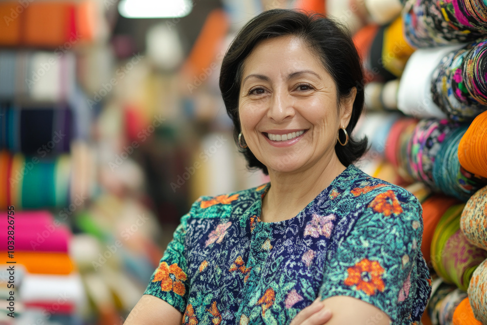 A middle-aged Hispanic woman beams with happiness in a lively clothing store, surrounded by neatly stacked fabrics. Her proud pose and joyful expression highlight her deep passion for sewing and A middle-aged Hispanic woman beams with happiness in a lively clothing store, surrounded by neatly stacked fabrics. Her proud pose and joyful expression highlight her deep passion for sewing and