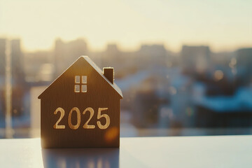 Wooden house model with text 2025 on a table, Real estate new year concept