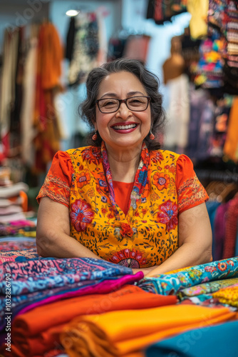 A middle-aged Hispanic woman beams with happiness in a lively clothing store, surrounded by neatly stacked garments. She proudly poses with vibrant fabrics, embodying her enthusiasm for sewing and her