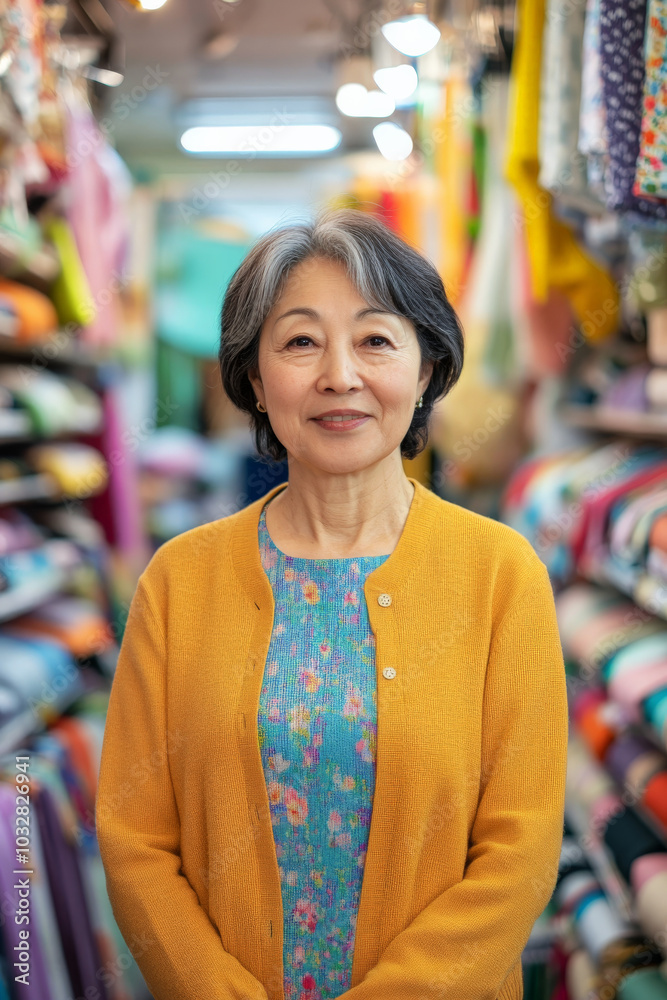 A middle-aged Japanese woman stands confidently in a colorful clothing store, filled with neatly stacked fabrics. Her cheerful demeanor reflects her passion for sewing and design, showcasing her A middle-aged Japanese woman stands confidently in a colorful clothing store, filled with neatly stacked fabrics. Her cheerful demeanor reflects her passion for sewing and design, showcasing her