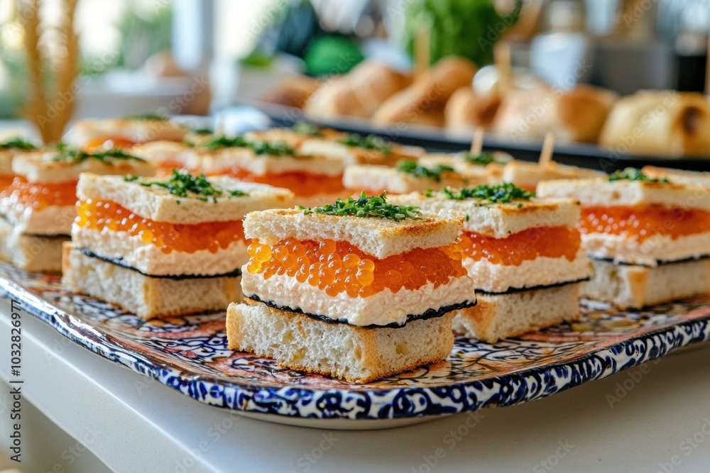 fancy sandwich presentation, various caviar sandwiches on a vibrant plate at a festive kitchen, prepared for a celebratory event fancy sandwich presentation, various caviar sandwiches on a vibrant plate at a festive kitchen, prepared for a celebratory event