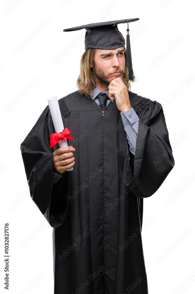 Young handsome graduate man with long hair holding degree over isolated background serious face thinking about question, very confused idea Young handsome graduate man with long hair holding degree over isolated background serious face thinking about question, very confused idea