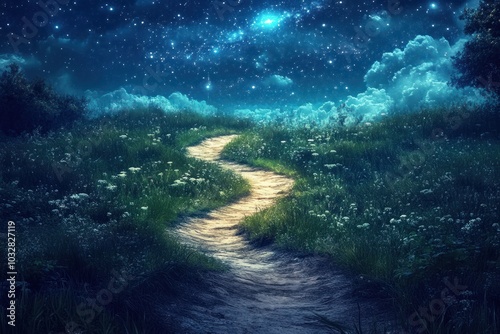 A Winding Path Under a Starry Night Sky