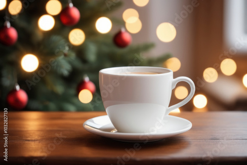 Cozy Christmas scene with white cup, defocused background with soft bokeh lights, evoking festive and warm atmosphere, copy space. For holiday-themed designs, advertising, and seasonal promotions