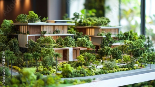 A detailed architectural model showcasing modern houses surrounded by lush greenery.