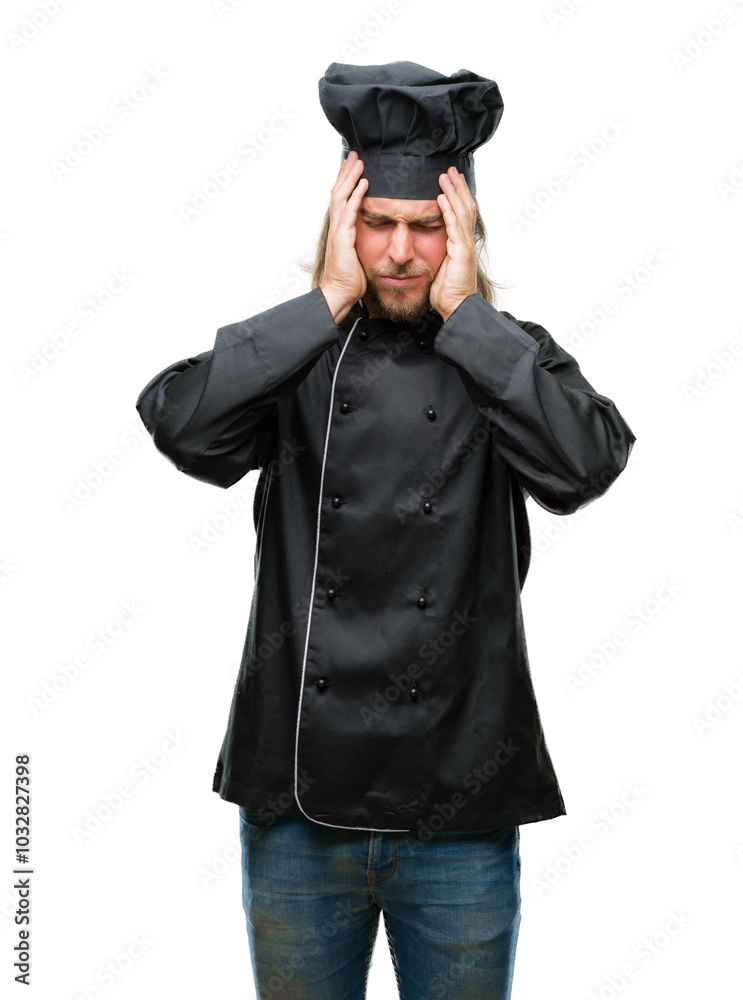 Young handsome cook man with long hair over isolated background suffering from headache desperate and stressed because pain and migraine. Hands on head. Young handsome cook man with long hair over isolated background suffering from headache desperate and stressed because pain and migraine. Hands on head.