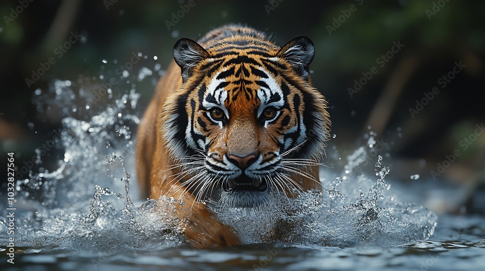 A tiger splashes through water, showcasing its power and grace in a natural habitat. A tiger splashes through water, showcasing its power and grace in a natural habitat.