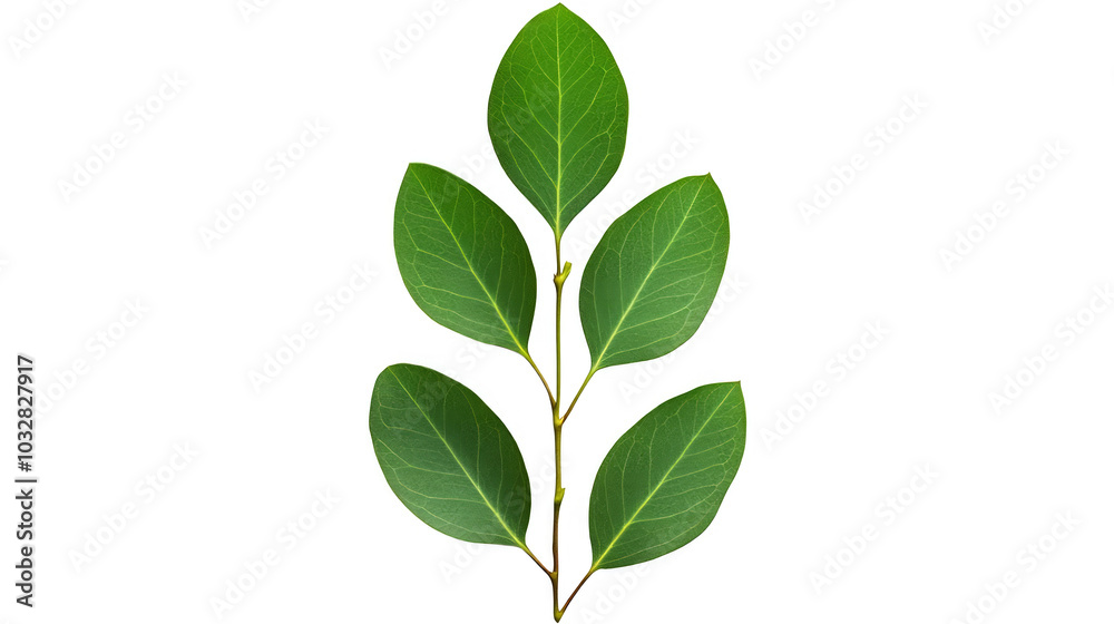 Five vibrant green leaves sprout from a single stem against a stark black background. Five vibrant green leaves sprout from a single stem against a stark black background.