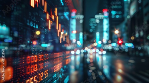 Stock Market Ticker Display Against Modern Urban Night Cityscape