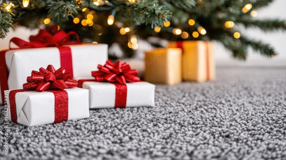 Wrapped gifts adorned with red ribbons rest beneath a twinkling Christmas tree, creating a cozy atmosphere in a softly lit living room on a festive evening Wrapped gifts adorned with red ribbons rest beneath a twinkling Christmas tree, creating a cozy atmosphere in a softly lit living room on a festive evening