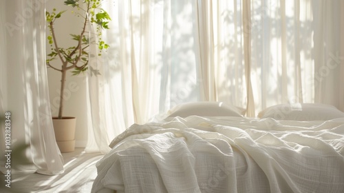 Serene White Bedroom with Sheer Curtains and Natural Light for Peaceful Ambiance