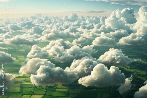 Aerial View of Fluffy White Clouds Over Lush Green Fields photo