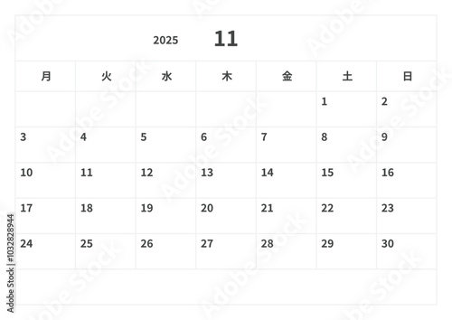 2025年(令和7年) カレンダー 11月, ベクター, テンプレート, 月曜始まり