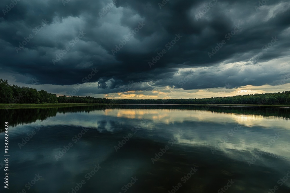 Obraz premium Dark Clouds Over a Tranquil Lake with a Tree Line Reflection