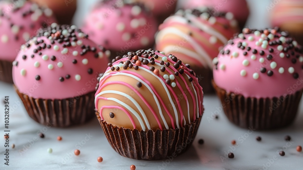 A close-up shot of six pink, white, and brown chocolate bombs with sprinkles on a marble background. A close-up shot of six pink, white, and brown chocolate bombs with sprinkles on a marble background.