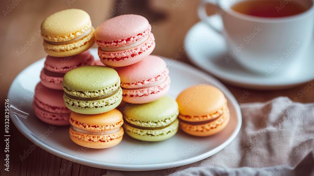 Colorful macarons on a plate with cup of tea in cozy setting Colorful macarons on a plate with cup of tea in cozy setting