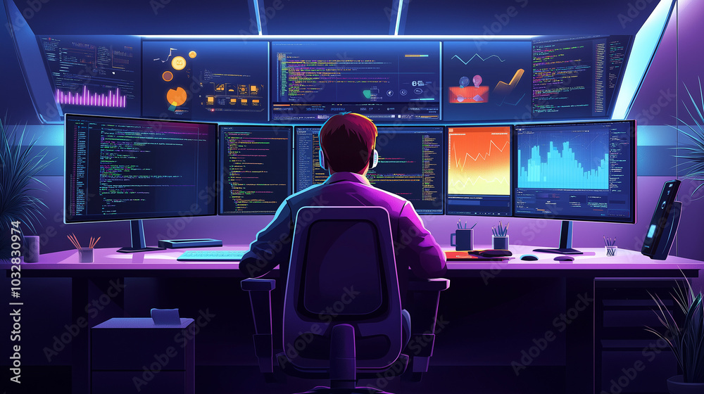 A tech freelancer working in a high-tech home setup with multiple monitors displaying coding languages, data charts, and apps. The person is seated in an ergonomic chair, fully focused, with a sleek. A tech freelancer working in a high-tech home setup with multiple monitors displaying coding languages, data charts, and apps. The person is seated in an ergonomic chair, fully focused, with a sleek.