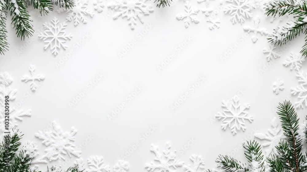 This minimalist composition showcases snowflakes and lush Christmas tree branches arranged on a white background, offering a serene space ideal for seasonal messages and creative projects This minimalist composition showcases snowflakes and lush Christmas tree branches arranged on a white background, offering a serene space ideal for seasonal messages and creative projects
