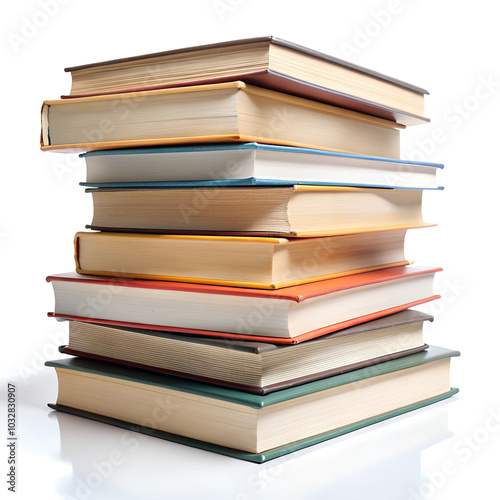 Stack of books pile side view on white background