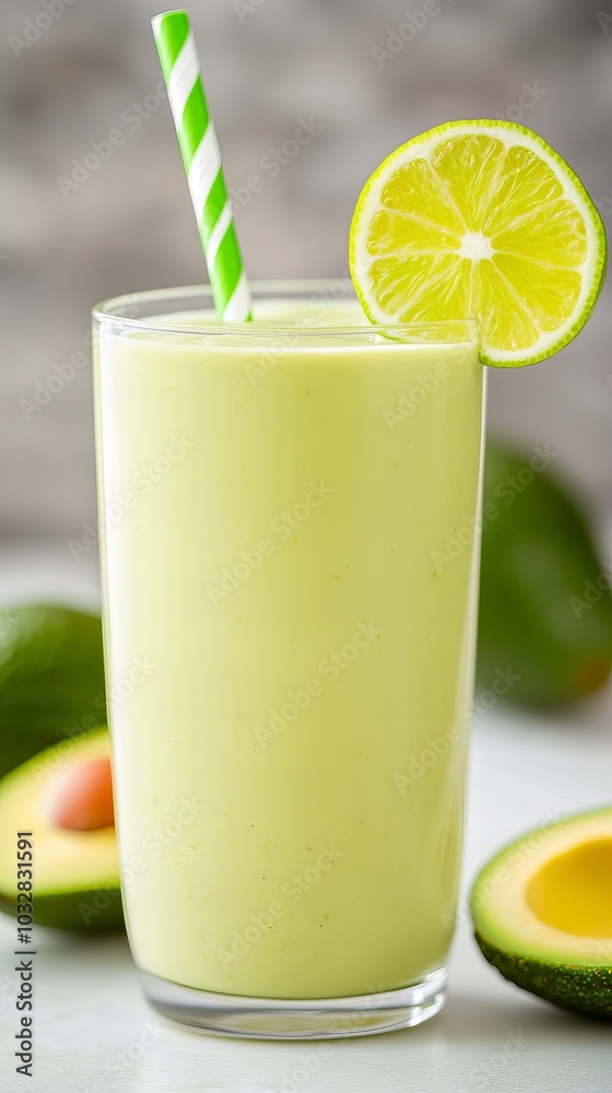 Refreshing avocado smoothie with a lime garnish and a striped straw.
