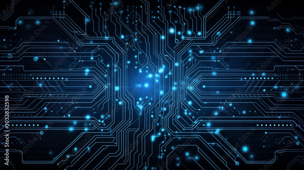 Abstract AI circuit board background. Technology connected blue lines with electronics elements on tech bg. Computer motherboard with a chip, processor, and semiconductor. Digital vector illustration Abstract AI circuit board background. Technology connected blue lines with electronics elements on tech bg. Computer motherboard with a chip, processor, and semiconductor. Digital vector illustration