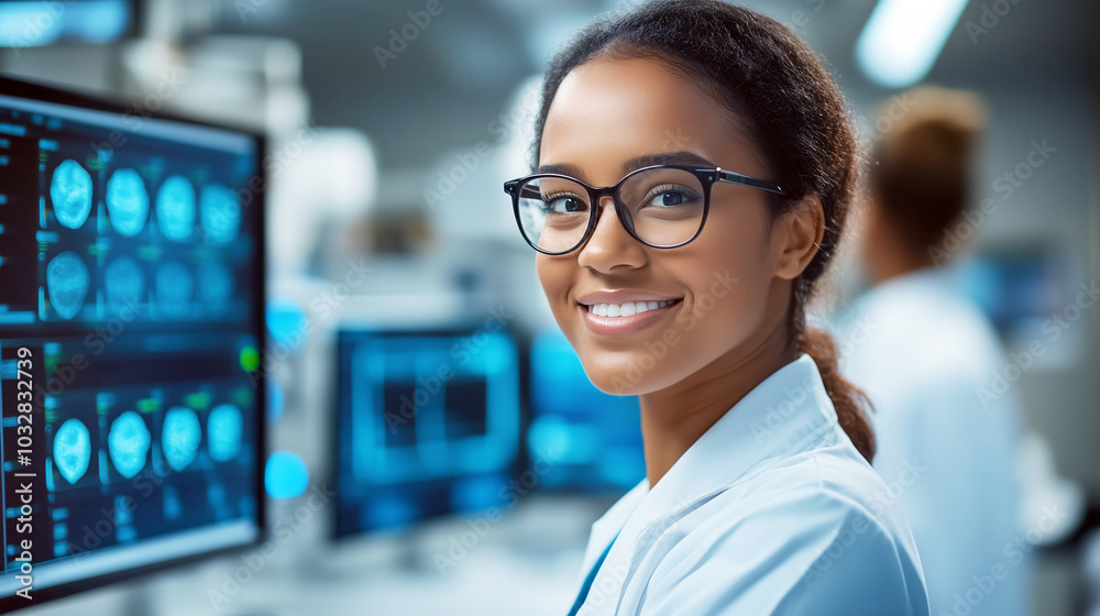 Confident female scientist in laboratory setting with advanced technology Confident female scientist in laboratory setting with advanced technology