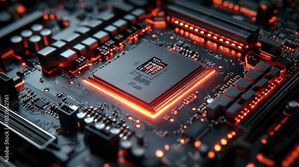 Close-up of a glowing computer processor on a circuit board.