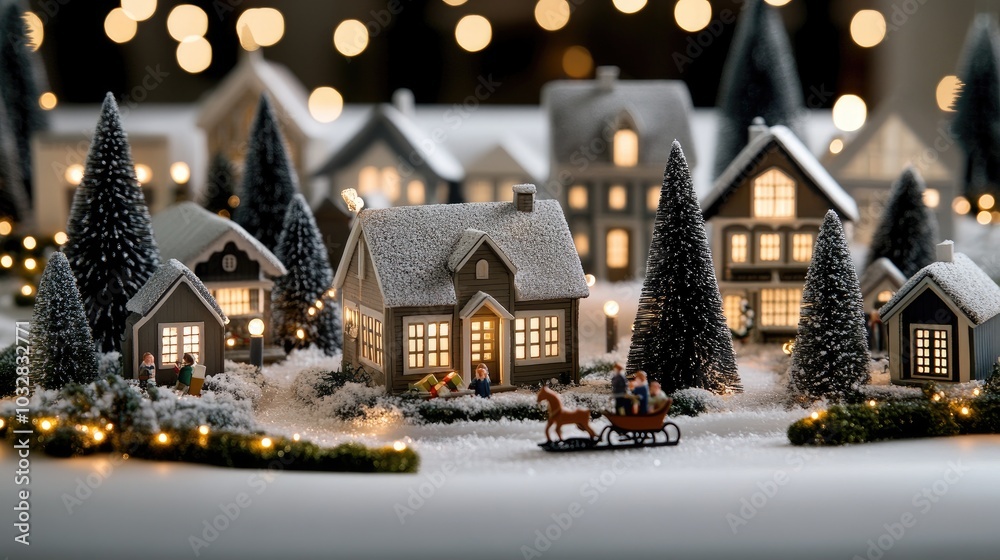 Nestled in a snowy landscape, a merry Christmas village welcomes families, with children playing under decorated trees and a sleigh gliding past, bringing joy and presents Nestled in a snowy landscape, a merry Christmas village welcomes families, with children playing under decorated trees and a sleigh gliding past, bringing joy and presents