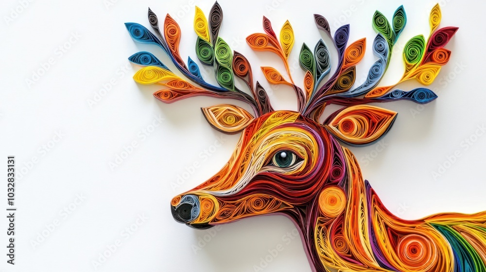 A colorful quilled art representation of a deer with vibrant antlers and intricate details. A colorful quilled art representation of a deer with vibrant antlers and intricate details.